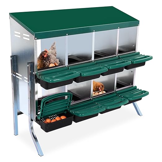 Garvee Chicken Nesting Boxes, 8 Hole Metal Chicken Laying Box with Removable Trays and Roll Out Egg Collection for Chicken Coop, with Metal Legs, Green