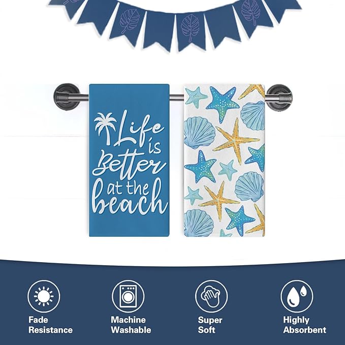 Life is Better at The Beach Kitchen Dish Towels Set of 2, Summer Blue Coastal Starfish Shell Drying Hand Towel Baking Cooking Cloth, Nautical Palm Tree Bathroom Home Decoration 18'' x 26''