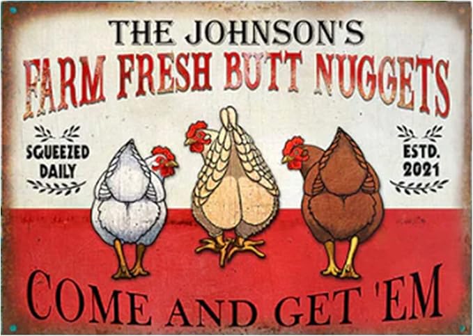 Personalized Fluffy Butt Hut Chicken Coop Sign, Custom Farmhouse Metal Sign with Spoiled Hens Wall Art, Funny Backyard Chicken Decor for Coop, Barn, Farm, Rustic Vintage Style DS3