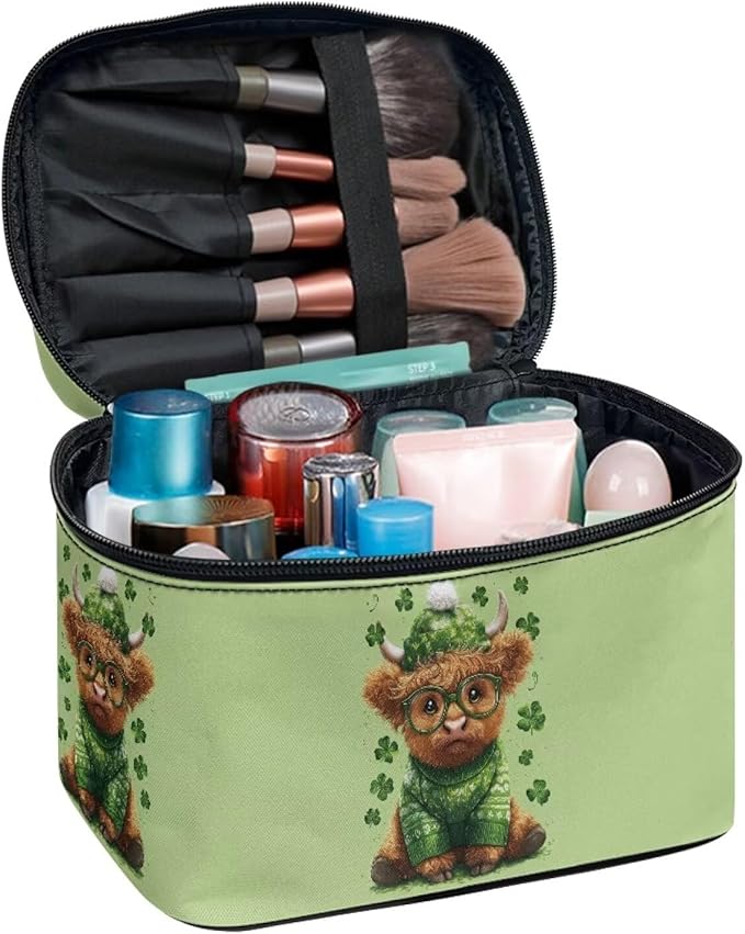 Travel Makeup Bags for Women Portable Tote Cosmetic Case with Carry Handle Toiletry Accessories Storage Organizer Bags for St. Ptrick's Day, Shamrock Highland Cattle Green