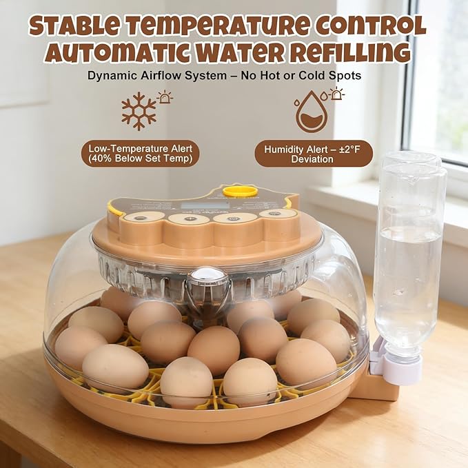 Series III - 18 Egg Automatic Incubator with Smart Dual-Bottle Adaptive Humidity & Stable Temp Control, Adjustable Auto Egg Turn, Auto Lockdown, Customizable Incubation Days, Candler, Full Display