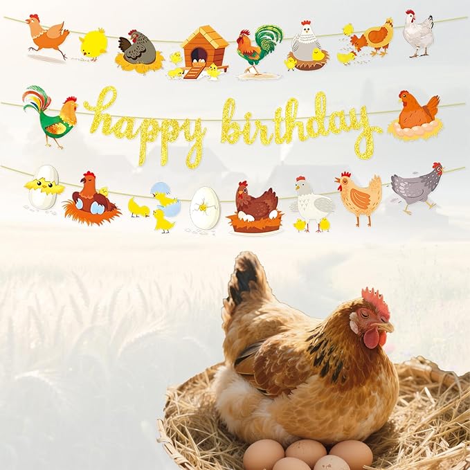 3pcs Chicken Birthday Decorations Gold Glitter Happy Birthday Banner and Chicken Paper Garlands for Spring Easter Hen & Chick Farm Theme Party Decor Supplies
