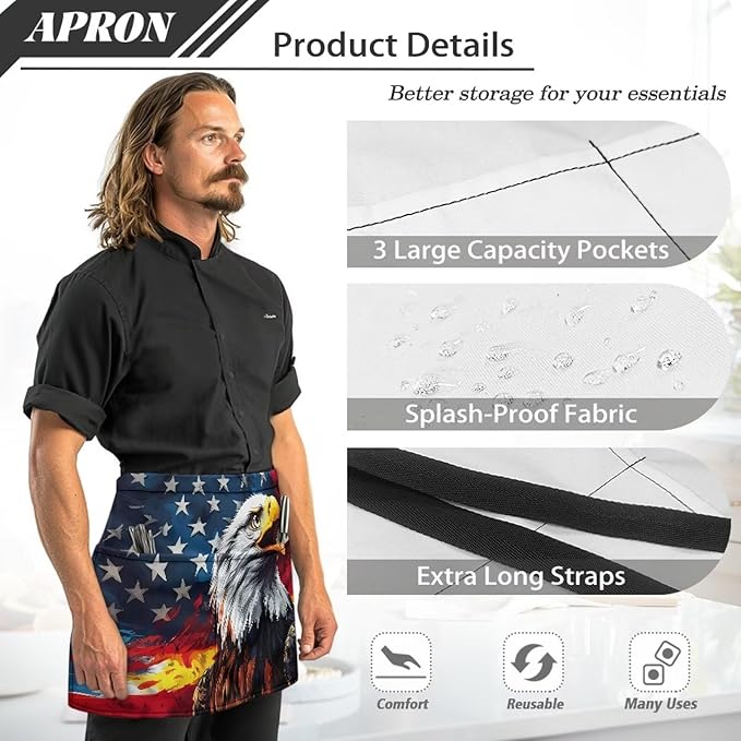 Waist Apron with 3 Pockets Waterproof 13 Inch Short Half Waist Aprons Women Men Server Aprons Waitress Waiter Apron