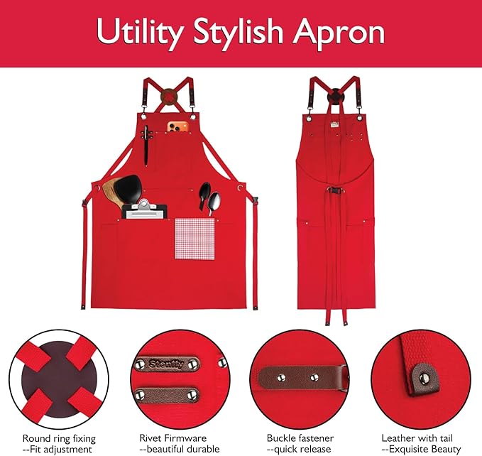 10 Pack Kitchen Aprons, Work Apron, Canvas, Multiple Pockets, Gardening, Painting, BBQ, Artist, Carpenter, Sizes M to XXL, Red