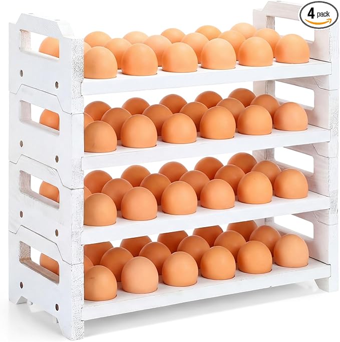 4 Tier Wooden Egg Holder for Countertop, Stackable Fresh Egg Storage Farmhouse Collecting Rack for Gathering Kitchen Organizer Duck Eggs Display, Stackable with 72 Eggs (White,Pine)