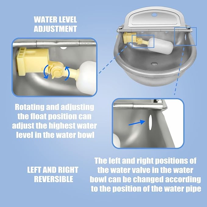 Automatic Animal Drinking Water Bowl with Float Valve, Stainless Steel Kit Includes Bowl, Standard Pipe, Replacement Valve, Quick Connector Adapter and Countersunk Bolts(Auto-Filling)