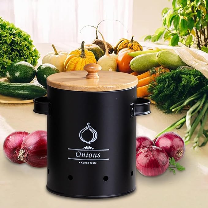 Potato Storage Tin Vegetables Storage Bin, Kitchen Organizer Kitchen Canister, Food Storage Container for Countertop Pantry, Black Medium