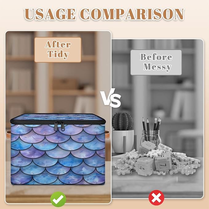Mermaid Scales Storage Bins With Lids Fabric Collapsible Storage Box with Leather Handles for Home Bedroom Foldable Closet Shelf Organizer