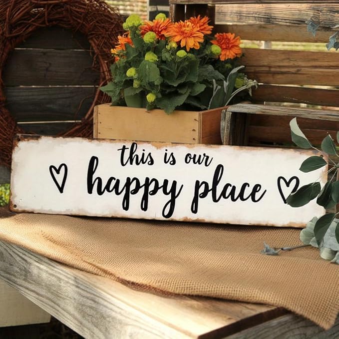 This is Our Happy Place Metal Tin Sign Farmhouse Style Wall Decor for Living Room Bedroom Kitchen Entryway Farmhouse Decor 4x16 Inch
