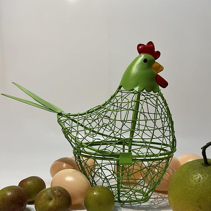Wire Chicken Egg Basket for Desktop Decorative Ornaments,Egg Holder Chicken Shape Metal Egg Basket for Kids Gathering Fresh Eggs Farmhouse Rooster Wire Basket for Kitchen Countertop Decoration (Green)