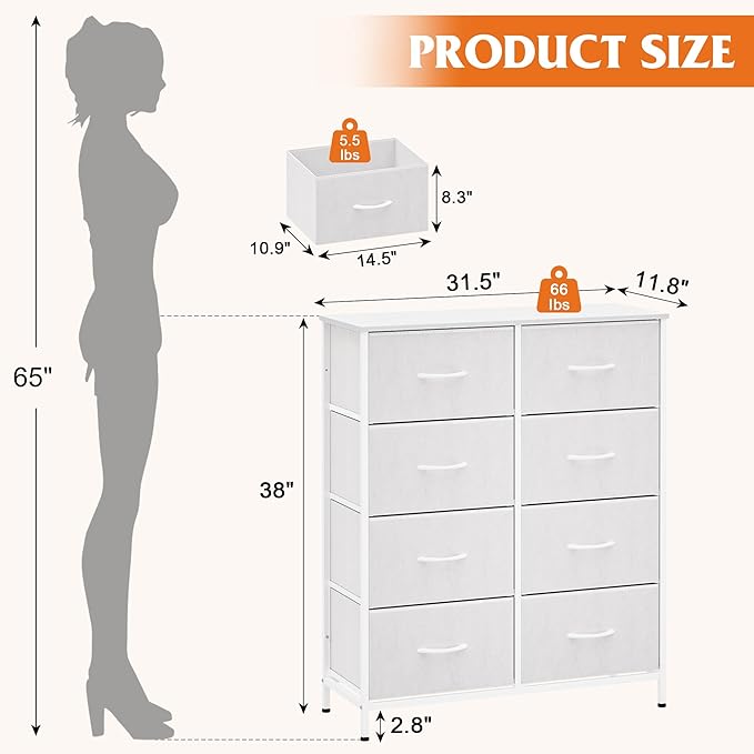 WelFurGeer 8 Drawer Fabric Dresser with Sturdy Metal Frame, Tall Dresser with Fabric Bins, Storage Chest of Drawers for Bedroom, Closet, Kids Room Organization, White