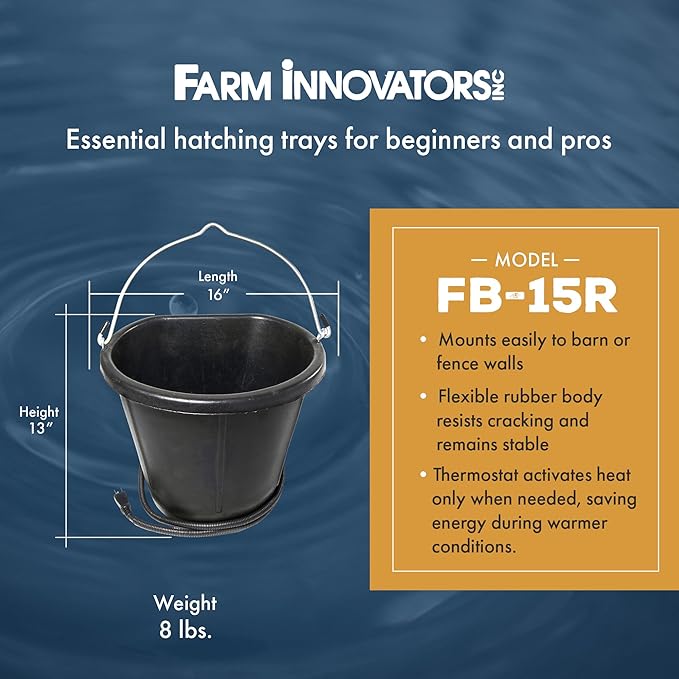 Farm Innovators FB-15R Heated Flat-Back Rubber Bucket, Hanging Water Bucket with Built-in Thermostat and 90W Cord, 18 Quarts