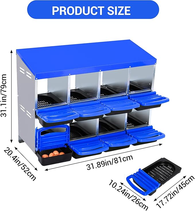 Chicken Nesting Box 8-Hole Roll Away Egg Laying Box with Lid, Galvanized Steel Rustproof Poultry Coop Box, Easy Clean, Wall Mountable No Bracket Needed for Hens, Blue