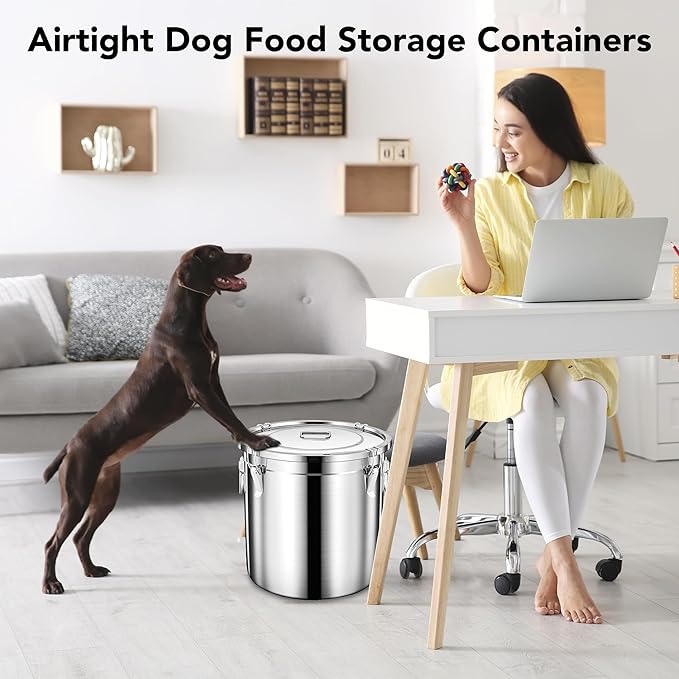 Newget Dog Food Storage Containers, Large Stainless Steel Pet Food Storage Containers 15 lb / 6.5 kg to Keep Fresh, Metal Airtight Cat Food Containers With Scoop and 2 Small Containers