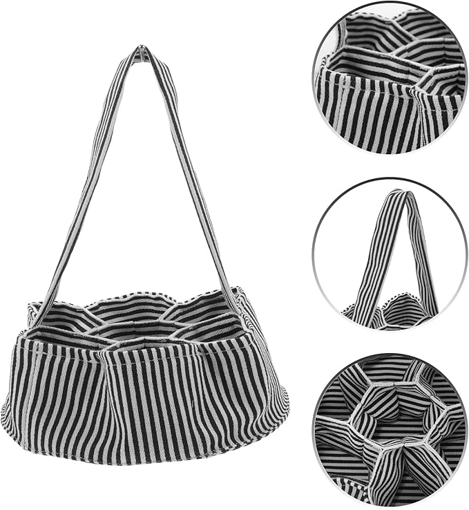 Housoutil Egg Collecting Basket with 7 Canvas Pouches Chicken Egg Holder Bag Farmhouse Storage for Hen Duck Black and White Stripe Design for Garden and Home Use