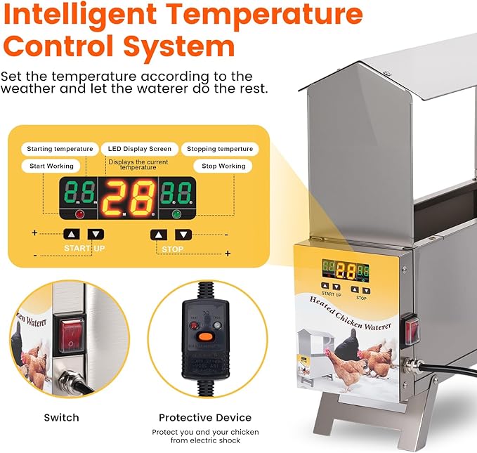 Chicken Waterer Heater for Winter,5L Automatic Chicken Water Heated with Adjustable Leg and Thermostat Control Freeze-Proof Poultry Water Heater Chciken Coop Accessories