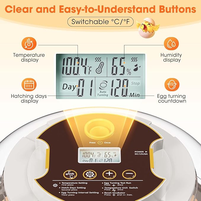 18 Egg Incubator with Automatic Egg Turning & Humidity Control, Built-in Egg Candler, 360° View Window & Dual-Size Trays for Chicken, Duck, Quail, Goose Eggs – Ideal for Farm, Classroom, Home