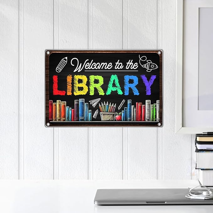 Welcome To The Library Sign 12 x 8 Inch Metal Wall Decor Chalkboard Style Colorful Book Lover Reading Corner Classroom Teacher Student School Decoration Art Home Outdoor
