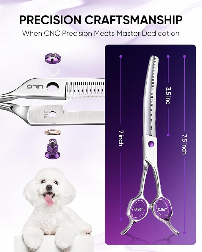 ULG 7.5” Dog Grooming Chunker Shears – 30° Curved Pet Grooming Scissors, Japanese 440C Stainless Steel, 30 Comb & Chunker Teeth, 60% Thinning Rate, Reversible Butterfly Handles for Face, Nose & Body
