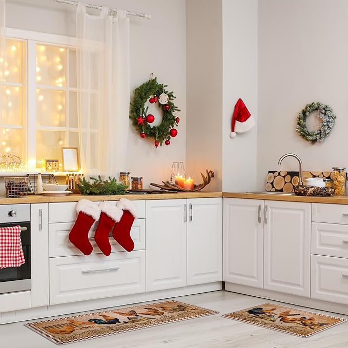 Bencailor 2 Pcs Winter Rooster Decor Kitchen Rug and Mat Rooster Kitchen Rugs Set Farmhouse Mat Decoration Chicken Non Slip Washable Doormat 17 x 30 Inch, 17 x 47 Inch