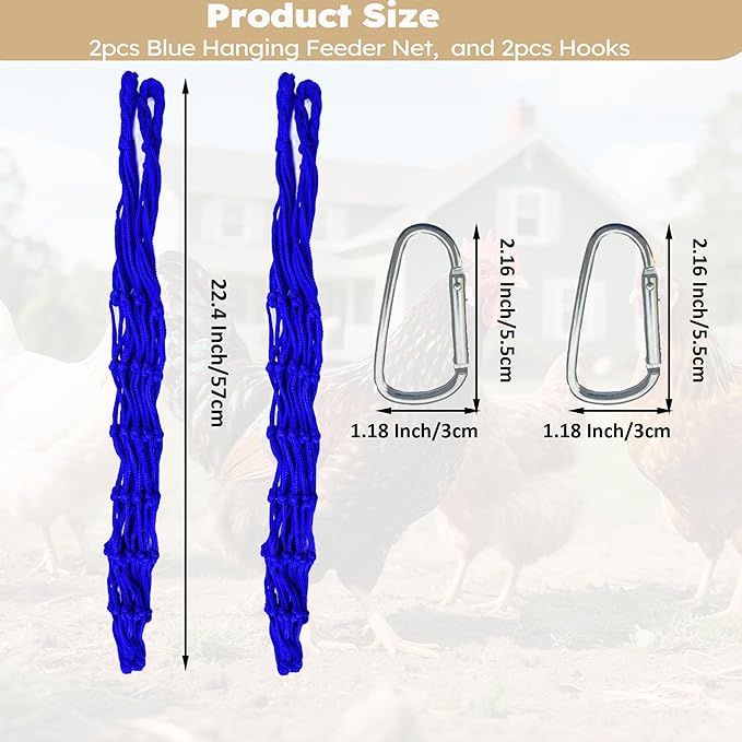 Chicken Vegetable Hanging Feeder 2PCS, Reusable String Bag Net Hanging Feeder for Chickens Ducks Coops Toy, Enrichment Toys, Treat Holder, No Waste Poultry Accessory(Blue)