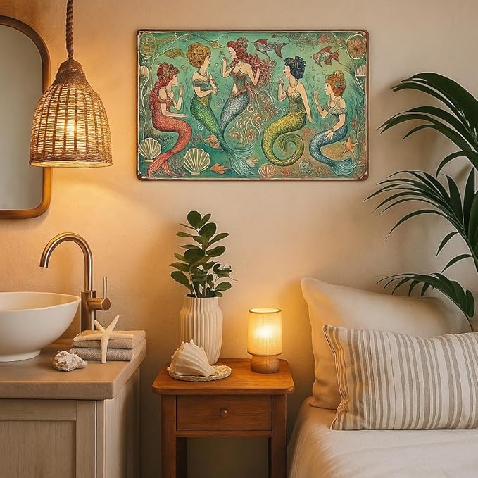 Vintage Mermaid Metal Tin Sign - 12X8" | Rust-Proof & Waterproof Wall Art For Home, Office, Bar, Cafe, Library & Garage Decor