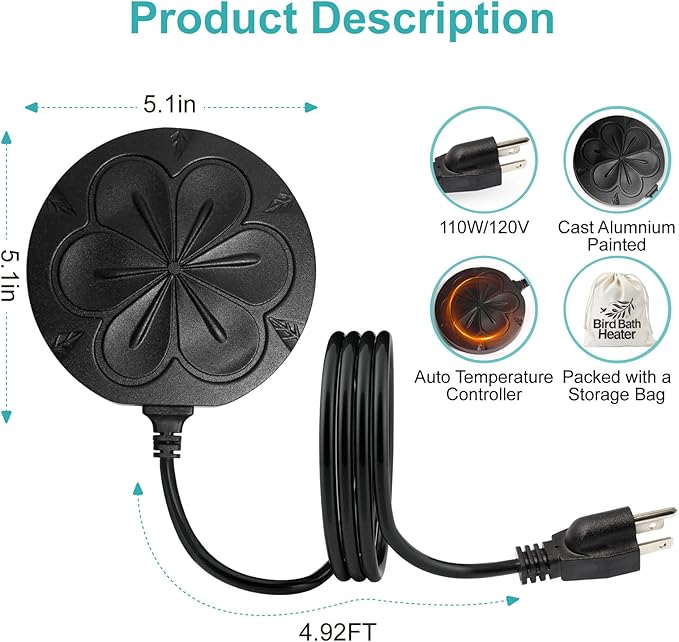 110W Bird Bath Heater for Outdoors in Winter, Submergible Cast Aluminum Chicken Water Heater with Thermostatically Controlled Bird Bath Deicer Pond Deicer for Livestock