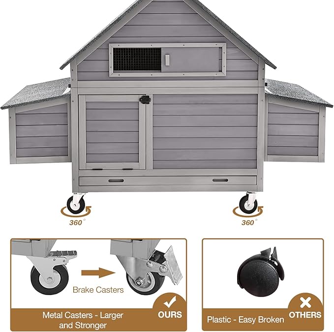 GUTINNEEN Chicken Coop Poultry Cage on Wheels Outdoor Duck Coop Wooden Hen House with Large Nesting Box, Movable