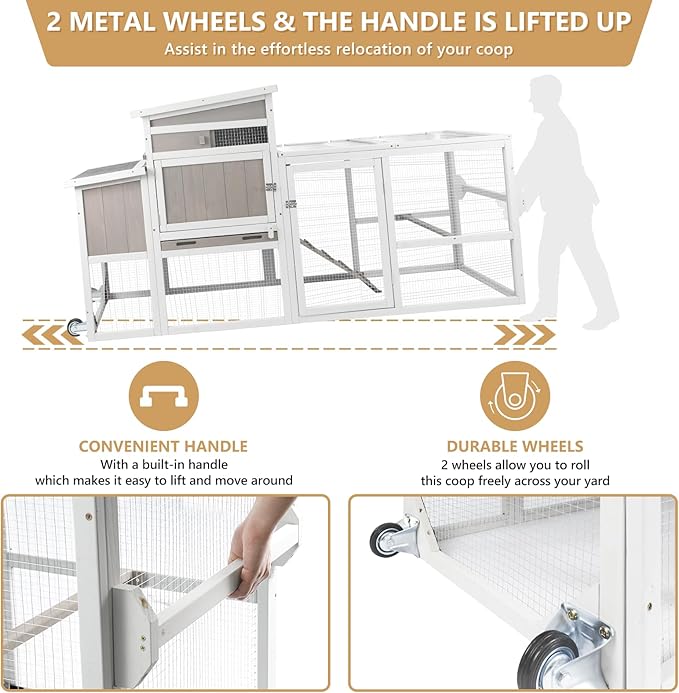 PetsCosset 157.4"L Chicken Coop with Wheels, Large Wooden Chicken House with Run, Backyard Hen House Poultry Cage for 2-6 Chickens Rabbit and Small Animal, Nesting Box, Tray, 6 Perches, Set of 2, Grey