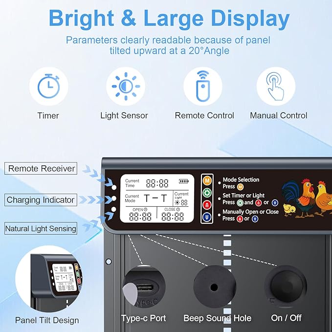 Automatic Chicken Coop Door Solar Powered, LCD Display Automatic Chicken Door with Timer & Light Sensor, Solar Chicken Coop Door with Remote Control, Anti-Pinch Function and Made of Al-Alloy