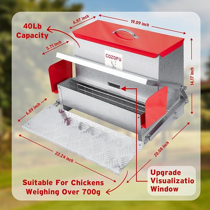 COZOFU's Feeders Automatic Chicken Feeder - Large Capacity for 12 Chickens, Lasts 12 Days (40lb Feed), Durable Galvanized Steel, Rat-Proof, No-Spill, Weatherproof Lid