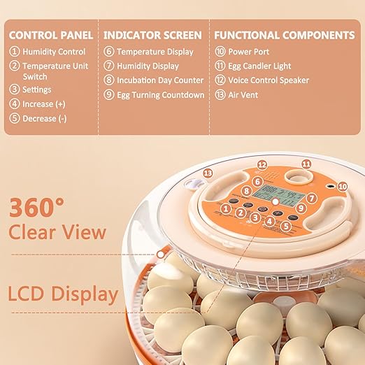 Voice-Controlled Incubator for Hatching Eggs, 2 Egg Trays for 26 Chicken or 59 Quail Eggs, Egg Incubator with Automatic Egg Turning and Humidity Control, Temp Control, Egg Candler, Chicken Incubator