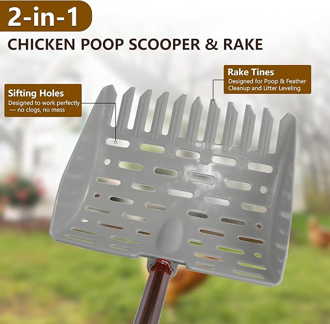 Telescopic Chicken Dog Poop Scooper & Rake 2-in-1 Chicken Litter Scoop for Chicken Coops & Small Farm Animals Sand Sifting Litter Shovel (Gray)