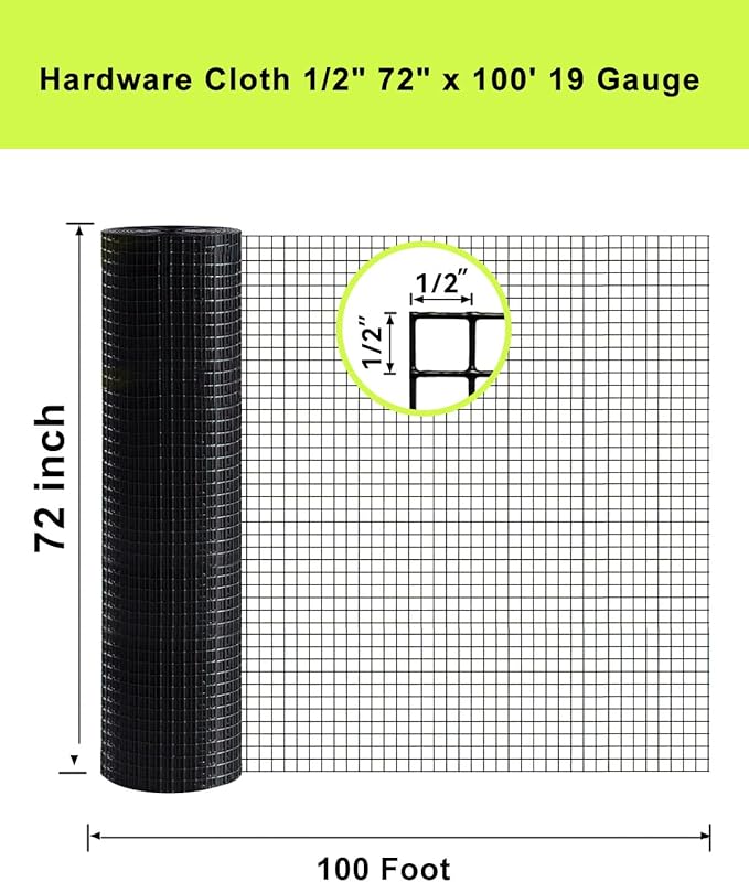 Black Hardware Cloth 72 in × 100 ft, 19 Ga 1/2 inch Black PVC Vinyl Coated Welded Wire Fence Supports Poultry Netting Chicken Coop Cover Wire Fencing Chicken Run
