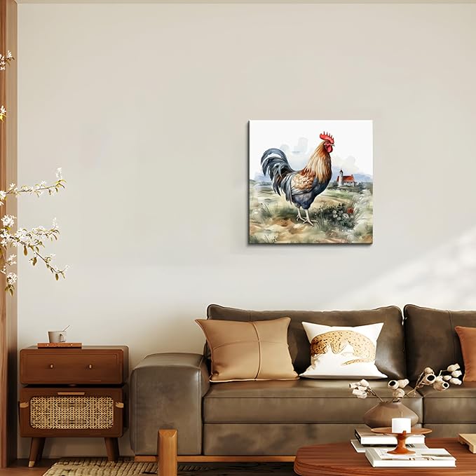 Framed Chicken Wall Art 16x16 Inch Rooster on Flower Stand Canvas Print Farmhouse Country Style Artwork for Kitchen Living Room Rustic Home Wall Decor (Rooster and farmhouse, 20L×20W)