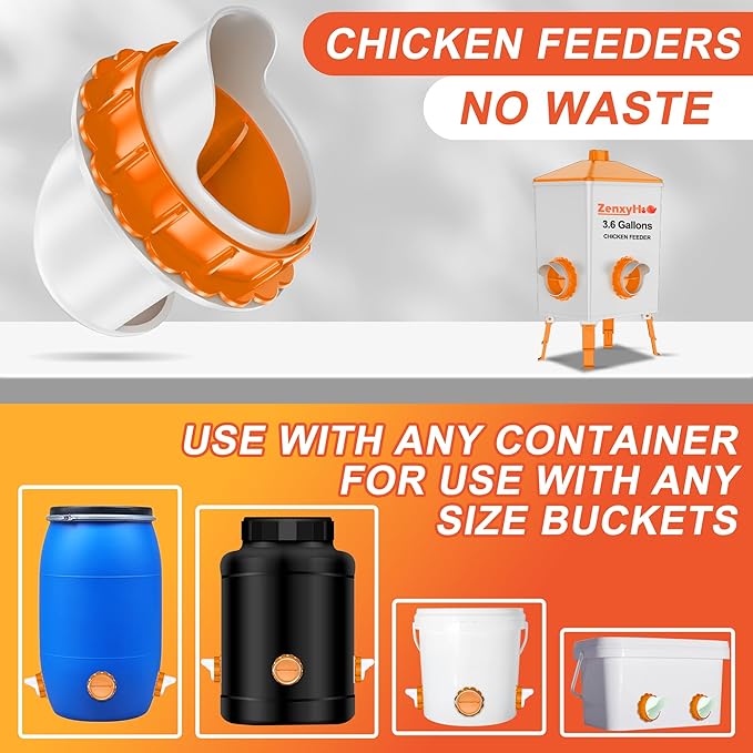 DIY Chicken Feeders No Waste, 8 Ports Poultry Feeder with Hole Saw for Buckets Troughs Orange