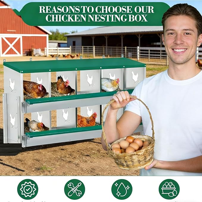 Garvee Large Metal Chicken Nesting Boxes for Hens, 10 Compartment Galvanized Steel Nesting Box, Includes 4 Fake Eggs & 10 Soft Nest Pads, Wall Mount or Freestanding for Coop & Farm