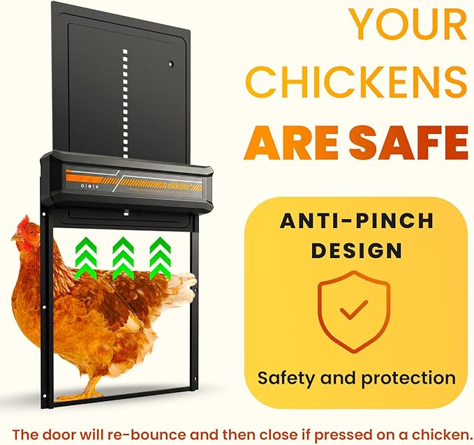 Wireless Automatic Chicken Coop Door – Solar Powered – LCD Display, Timer & Light Sensor – Anti-Pinch, All-Weather Aluminum – 5-Year Protection - Okköbi
