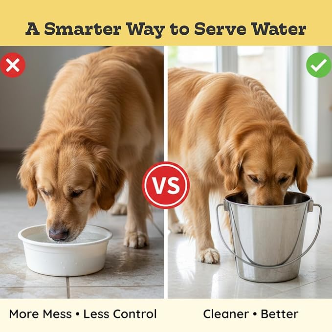 6 quart Heavy Duty Stainless Steel Round Bucket with Handle | 1.5 gal Sturdy Food & Water Bowl for XL Dogs Cats Goat sheep & Livestock | Fits kennel Crate Cage Farm | Hanging Utility Pail