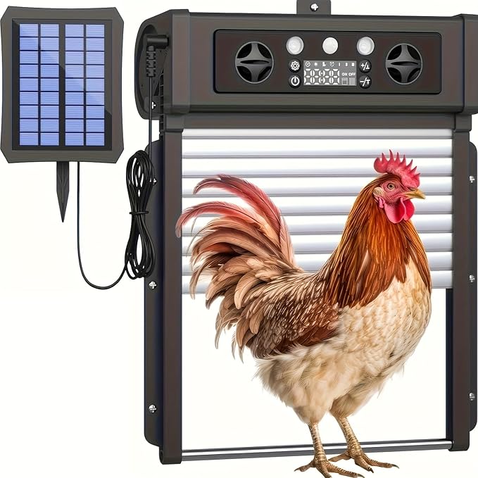 Automatic Chicken Coop Door, Extra Large Size, Anti-Pinch Design,Programmable Timer & Light Sensor Modes, Large LCD Display, Solar Powered Auto Chicken Door Opener with Remote