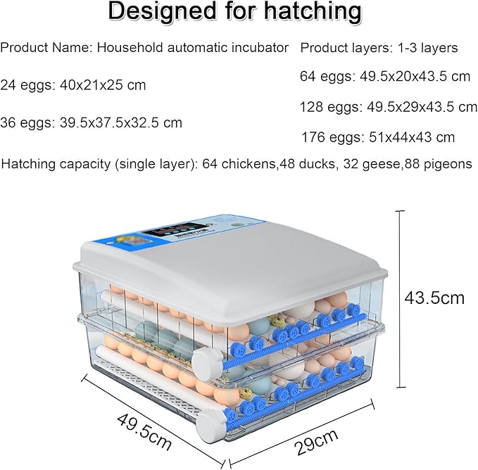 Egg Incubator Chicken Incubators for Hatching Eggs with Automatic Temperature and Humidity Control, Chick Brooder, Incubator Box Kit,36Eggs,128Eggs