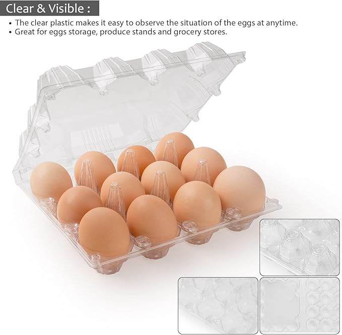 60 Pack Plastic Egg Cartons Cheap Bulk,12 Count Clear Empty Egg Cartons for Fresh Chicken Eggs,3x4 Grids Reusable Egg Trays for Refrigerator Storage, Chicken Farm, Markets Display