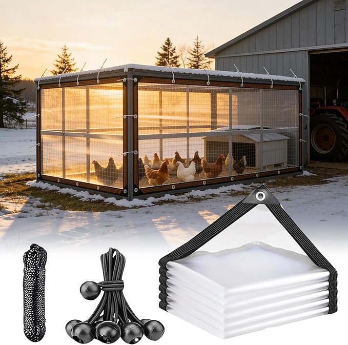 Chicken Coop Covers for Winter with Grommets 8x9 FT Heavy-Duty PVC Cover Waterproof Windproof Protection for Chicken Run, Poultry Cage, Patio Covering, Outdoor Farm Shed, Pheasantry Runway