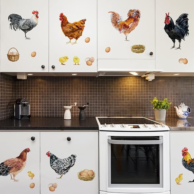 Mfault Farm Chicken Roosters Wall Decals Stickers, Farmhouse Dutch Bantam Rooster Cornish Hen Decorations Bedroom Art, Chicks Eggs Home Dining Room Kitchen Decor