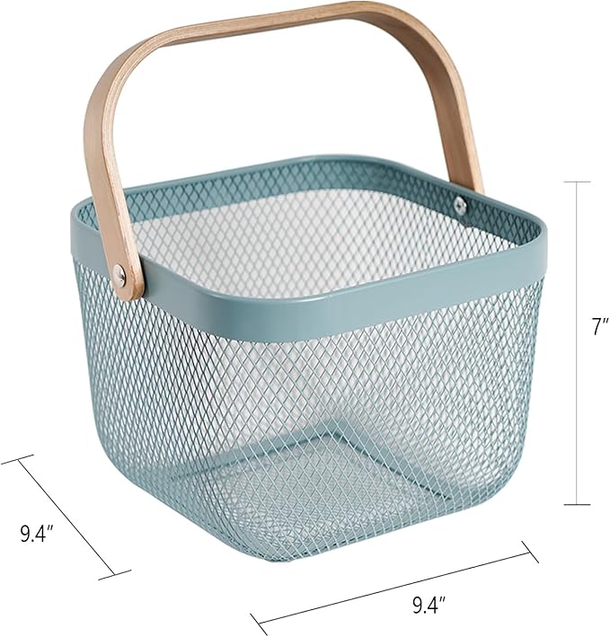 Metal Mesh Steel Harvest Basket, Square Wire Garden Basket with Handle – Multi-Functional Storage Organizer for Gathering Vegetables, Fruits, Kitchen, Garden, Picnic (Aqua-Square)