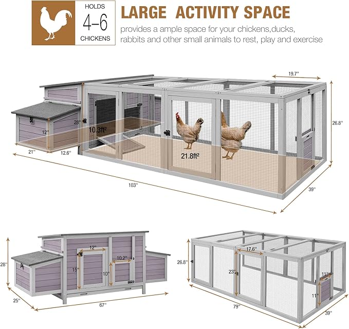 GUTINNEEN Chicken Coop 103" Large Duck Coop with Run Outdoor Chicken House with Nesting Box, 4-6 Chickens