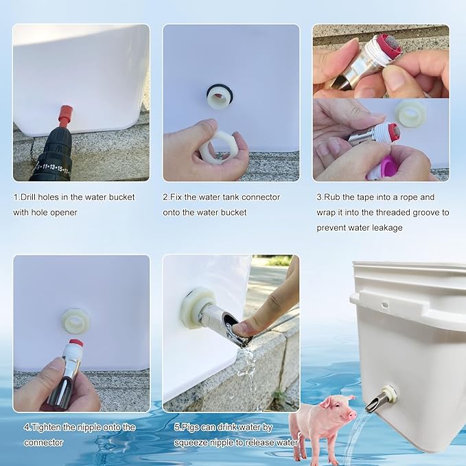 5 PCS Pig Nipple Waterer for Barrel Kit Automatic Pig Water System 1/2 inch Stainless Steel Waterer Drinker Feeder with Tank Connectors Hog Water Nipples for Sows Piglet (5pcs, one Size)