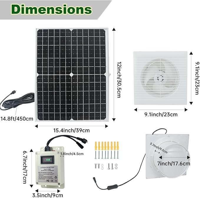 Solar Fan for Chicken Coop with Battery 25W Solar Panel Powered Exhaust Fans with 14.8ft On/Off Switch Cable for Greenhouse, Sheds, Pet Houses, Ventilation, Outside, Greenhouse Air Circulation Garages