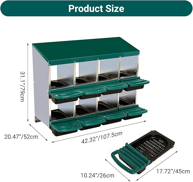 8 Hole Chicken Nesting Box, Roll Away Nest Boxes with Lid Cover to Protect Eggs, Poultry Nest Boxes for Chickens Laying Egg, Green
