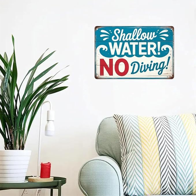 Shallow Water No Diving Tin Sign Vintage Swimming Pool Rules Metal Sign Print Aesthetic for Garden Yard Bar Porch Home Bedroom Kitchen Wall Decor Gift 8 X 12 in